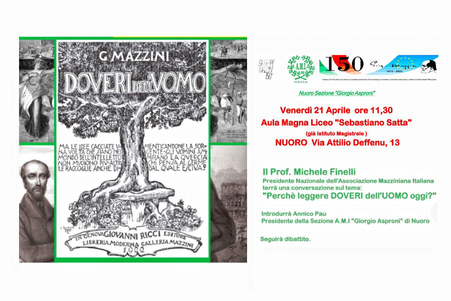 “Doveri dell’uomo”: se ne parla venerdì 21 aprile al liceo Satta con l’associazione Mazziniana